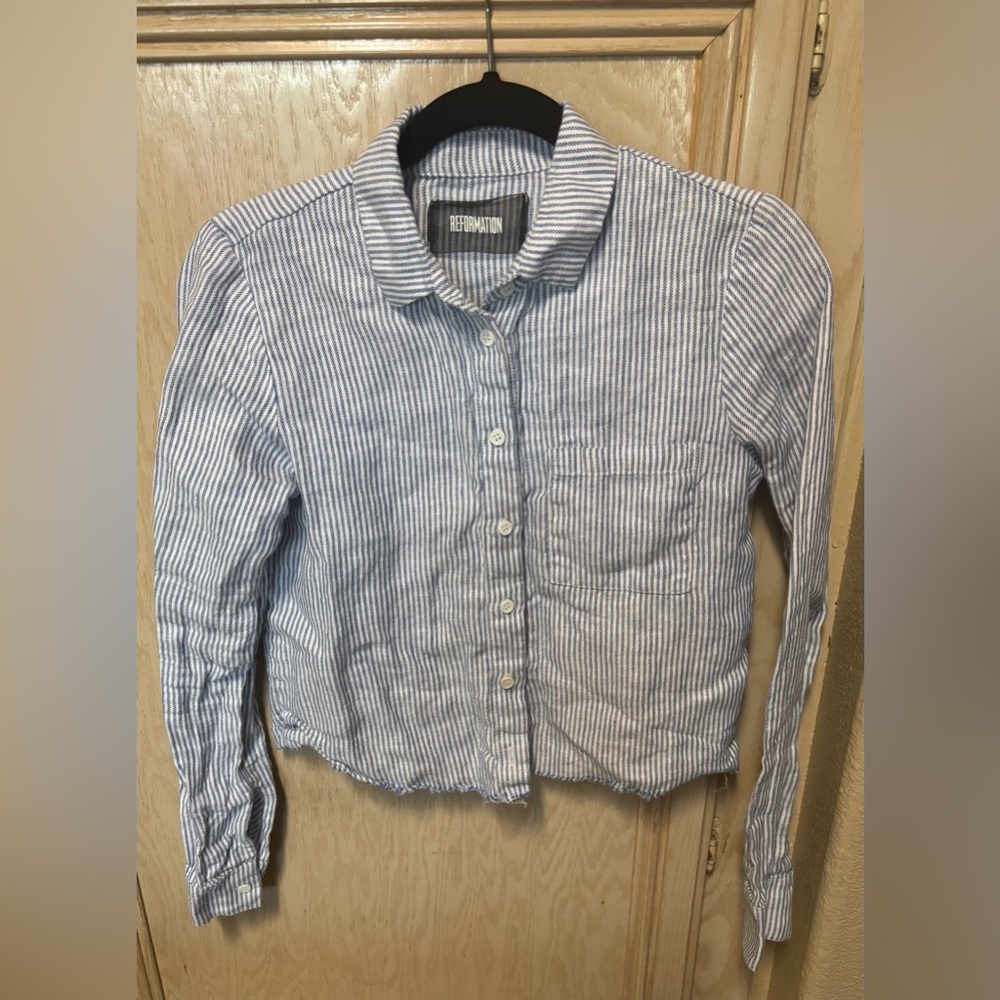 Reformation Blue White‎ Striped Button Down Shirt Distressed Cropped Sz XS